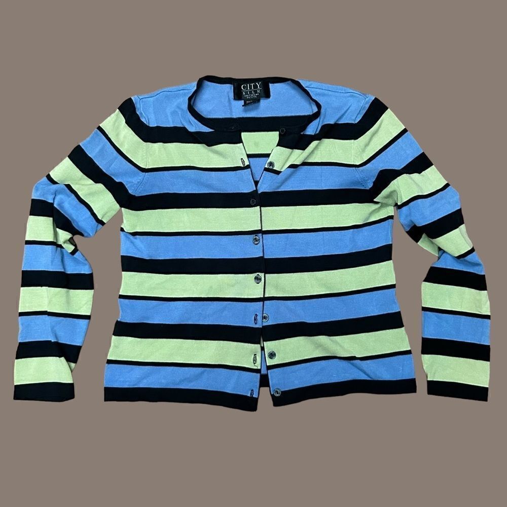 Silk Blend Striped Button Down Cardigan
